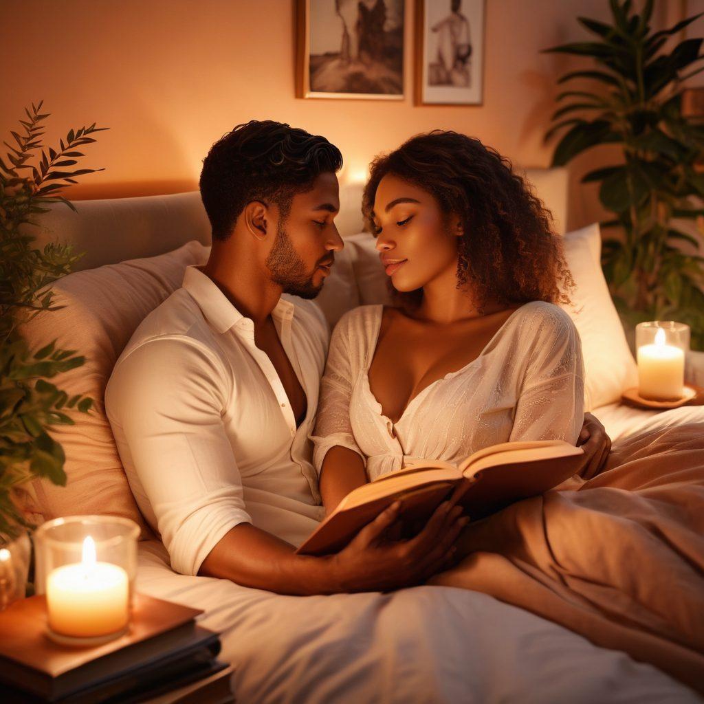 A sensual couple exploring intimate moments, surrounded by soft candlelight and lush fabrics, symbolizing openness and communication. Subtle hints of diverse relationship dynamics, with a warm color palette emphasizing love and acceptance. Incorporate elements like books or art that represent sexual health and education, fostering a positive atmosphere. super-realistic. warm colors. soft focus.