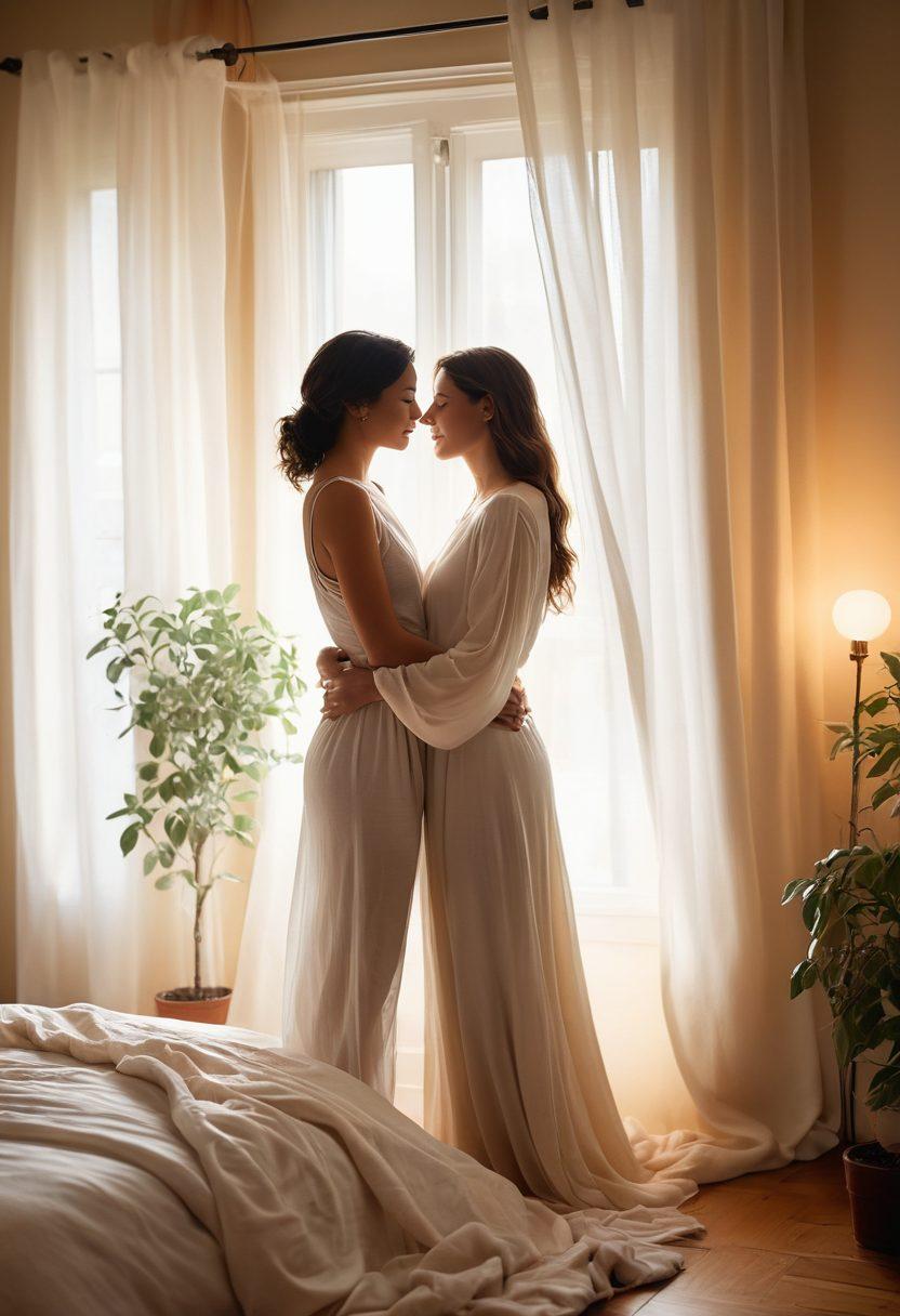 A serene, intimate scene showcasing a diverse couple embracing in a warm, softly lit bedroom, surrounded by elements symbolizing connection such as intertwined hands, soft textiles, and delicate plants. The room exudes a sense of comfort and trust, inviting the viewer to explore themes of intimacy and emotional wellness. Ethereal light filters through sheer curtains, adding a romantic touch. vibrant colors. soft focus. painting.