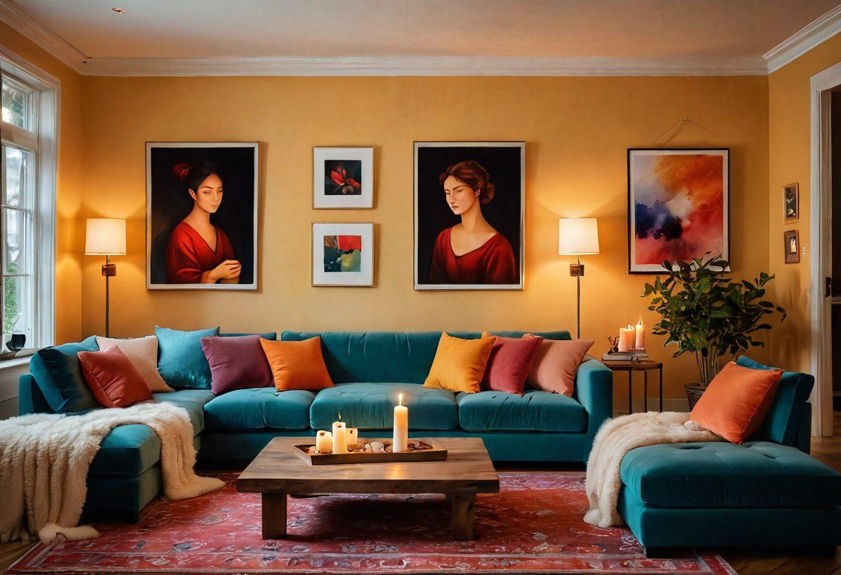 A serene and intimate room filled with soft, ambient lighting, featuring a cozy seating area adorned with plush cushions. Include diverse individuals of various ages and backgrounds joyfully expressing their desires and empowerment, with elements like candles, art, and soft fabrics enhancing the mood. Use warm colors to evoke comfort and connection. Painting. vibrant colors.